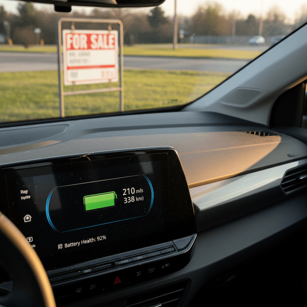 Volkswagen ID.4 interior display showing battery status and range while the vehicle is listed for sale