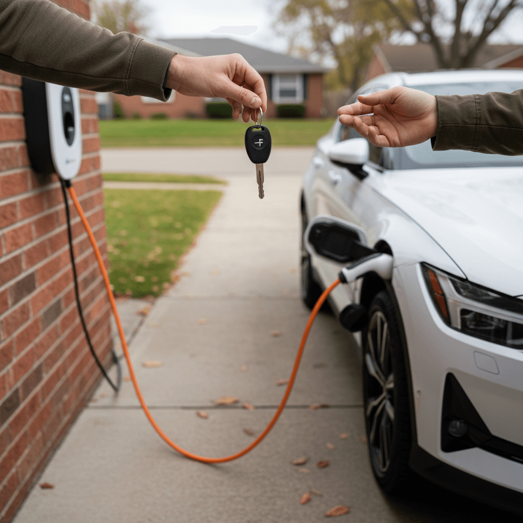Owner handing keys of a white Polestar 2 to a buyer in a driveway, with the EV still plugged into a home charger