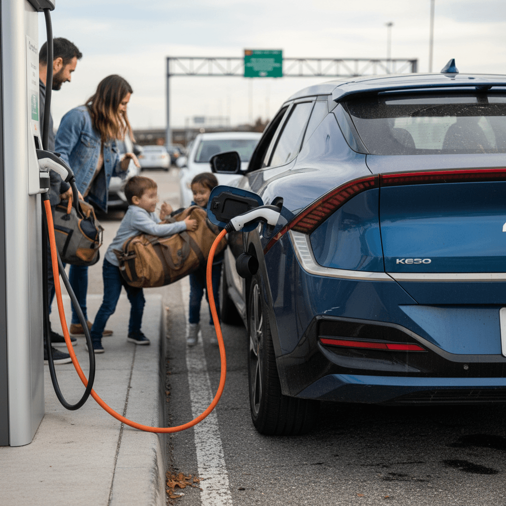 Family loading luggage into an electric crossover at a highway fast charger on a road trip