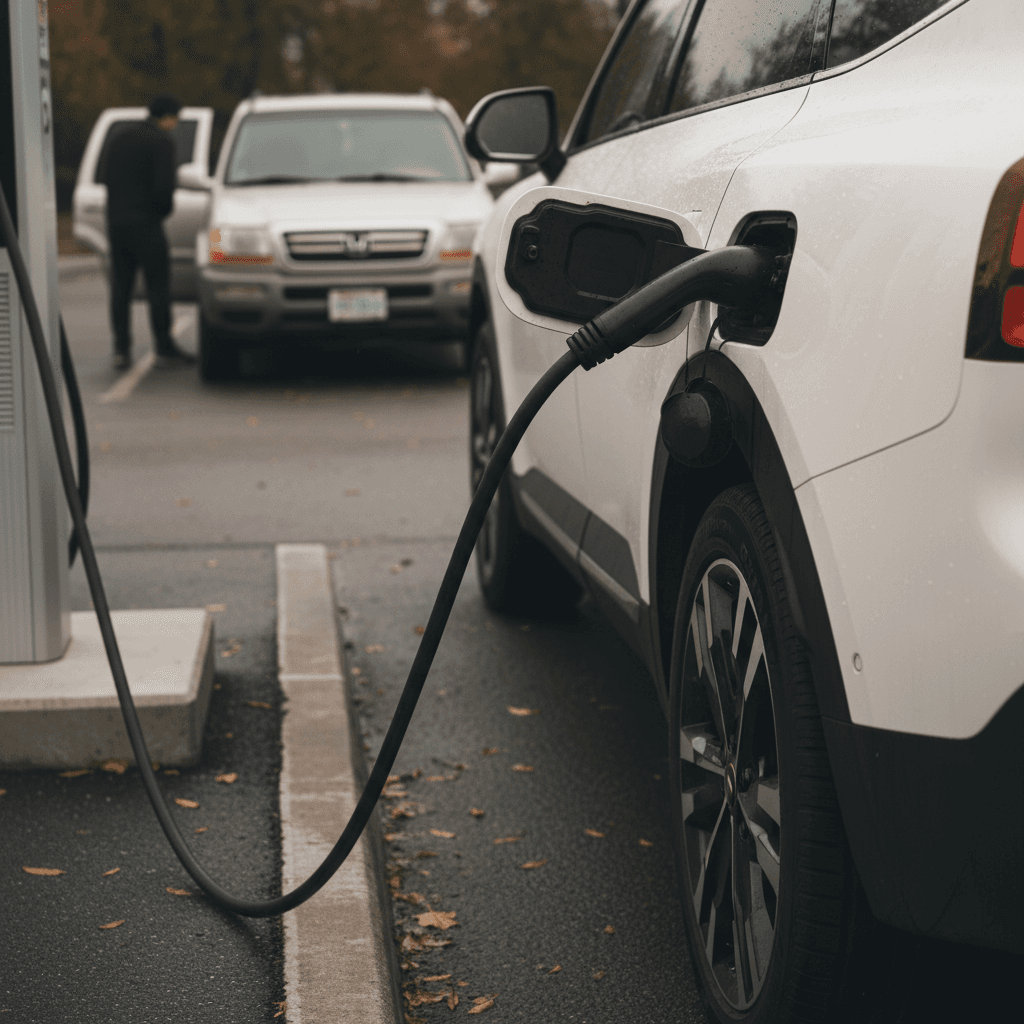 A 2024 Kia EV9 charging at a DC fast charger in daylight, showing three-row SUV practicality