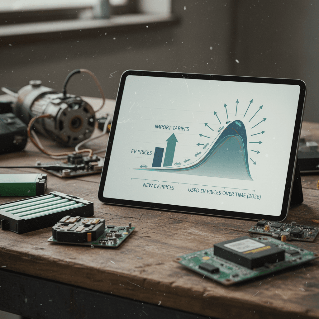 Diagram showing how EV import tariffs raise new prices first, then influence used EV price trends over time
