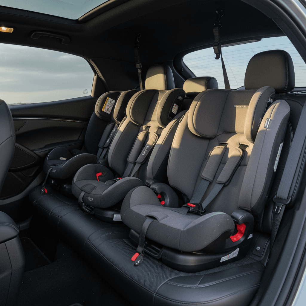 Ford Mustang Mach-E rear seat with three child seats installed showing LATCH anchors and tether straps