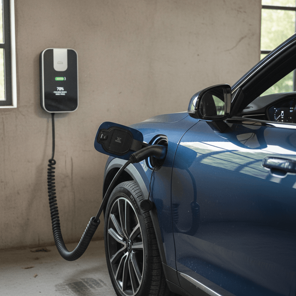 Volvo EX90 plugged into a home wallbox charger in a modern garage