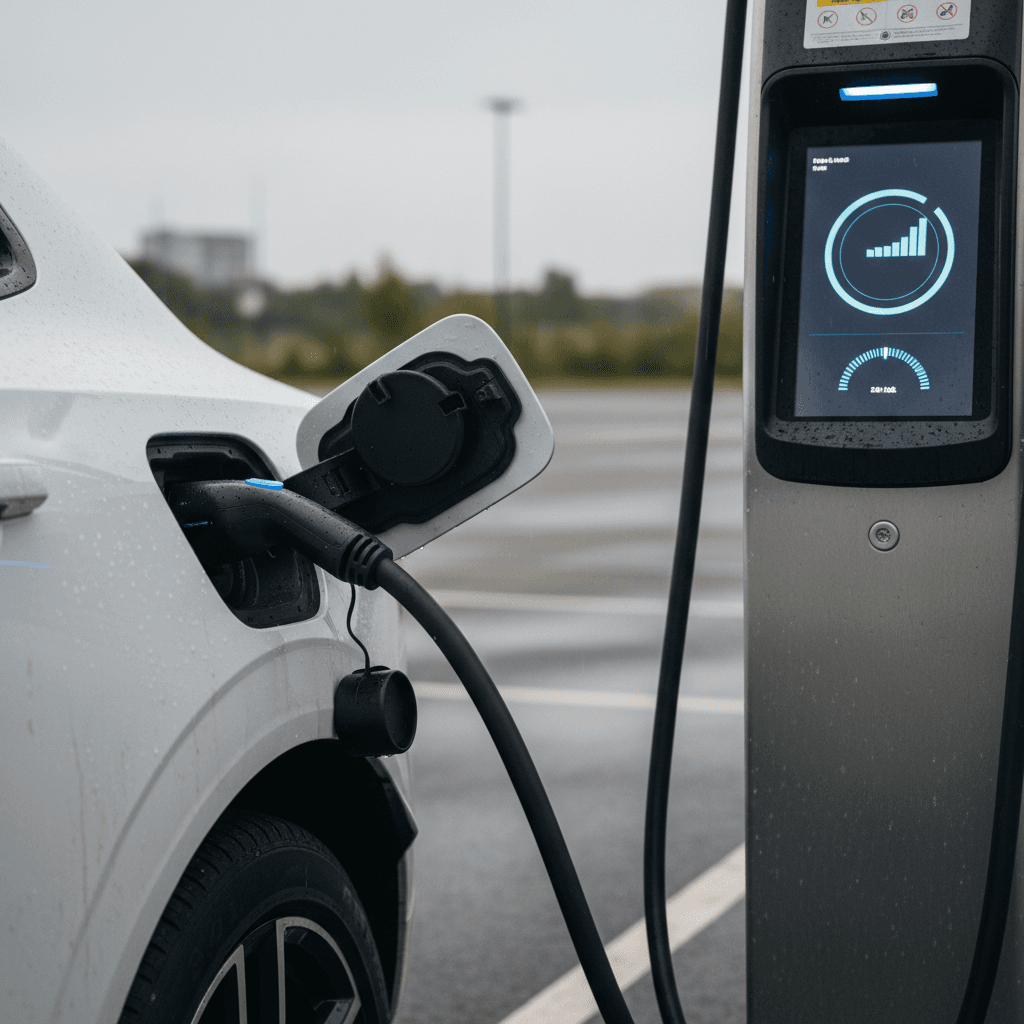Volvo EX90 plugged into a high-power DC fast charger with charging power and time remaining shown on the station display