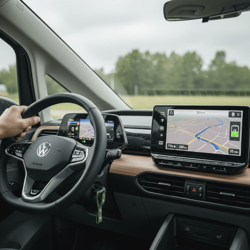 Volkswagen ID. Buzz driver view showing digital gauges and infotainment screen with navigation and charging status visible