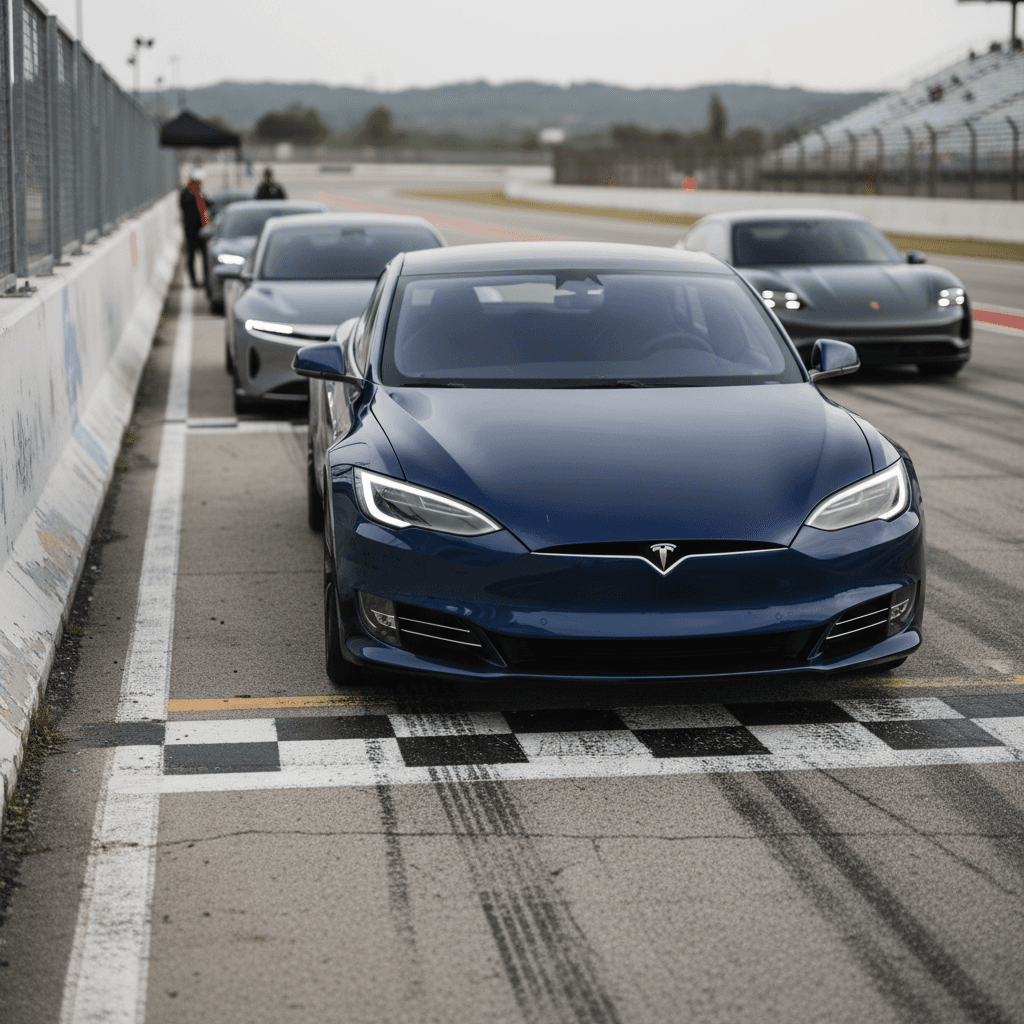 Three high-performance electric sedans lined up on a racetrack starting line, representing top 2026 performance EVs.