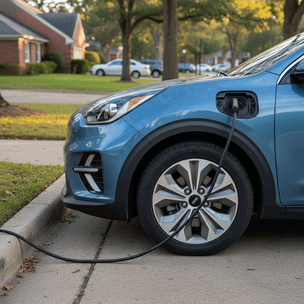 Side detail of a 2024 Kia Niro EV parked at a curb, with charging port and wheel visible