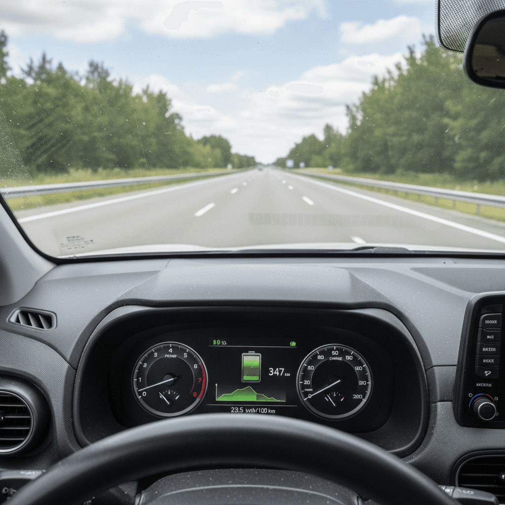 Driver’s view from inside a Hyundai Kona Electric cruising on the highway with the energy consumption display visible on the digital dash