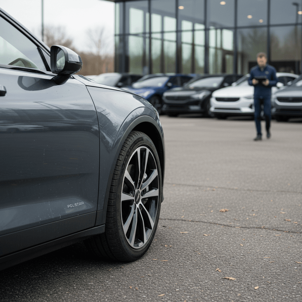 Used Polestar 2 parked at an EV dealership, highlighting wheel design and side profile