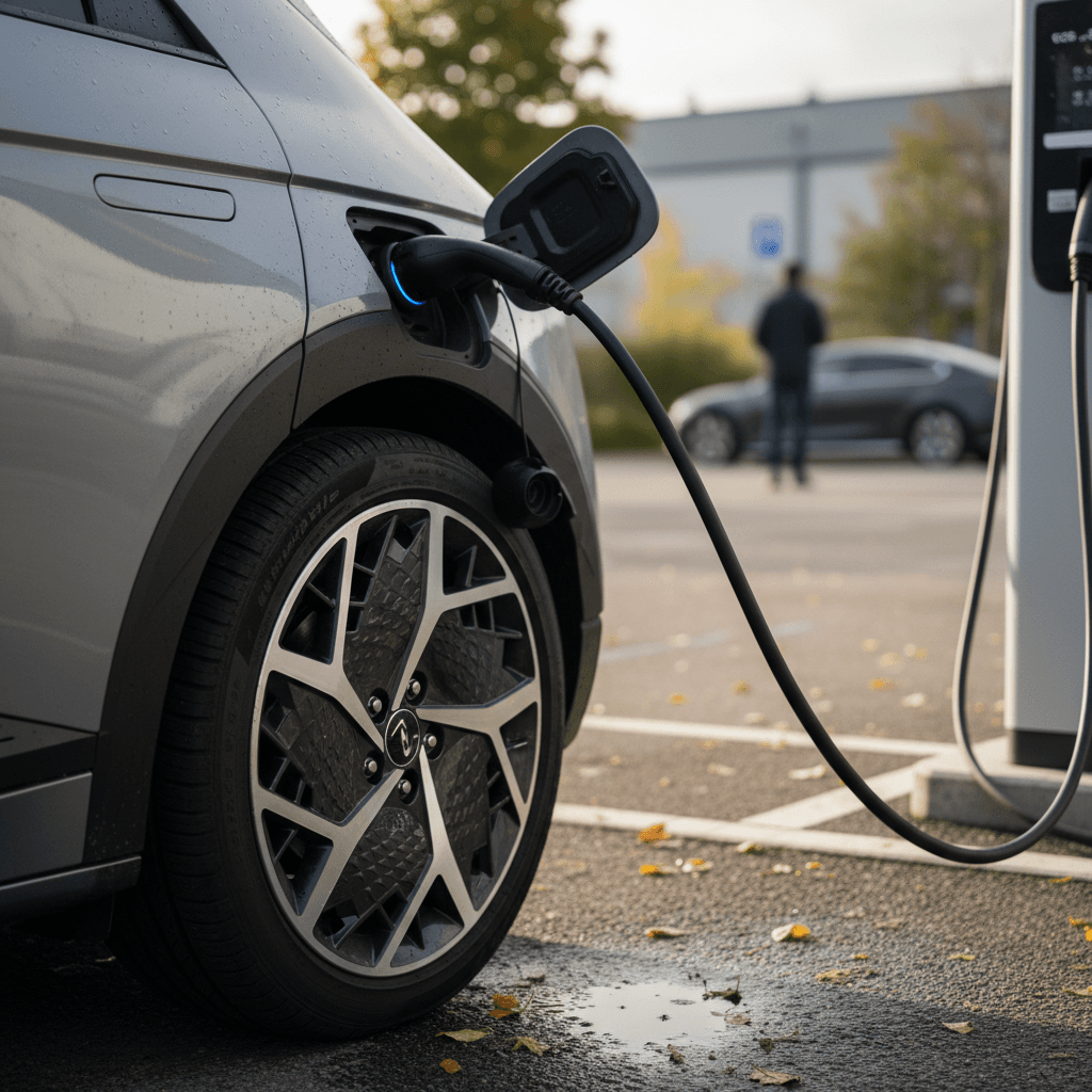 A 2024 Hyundai IONIQ 5 charging at a DC fast charger, showing its CCS port and distinctive pixel lighting.