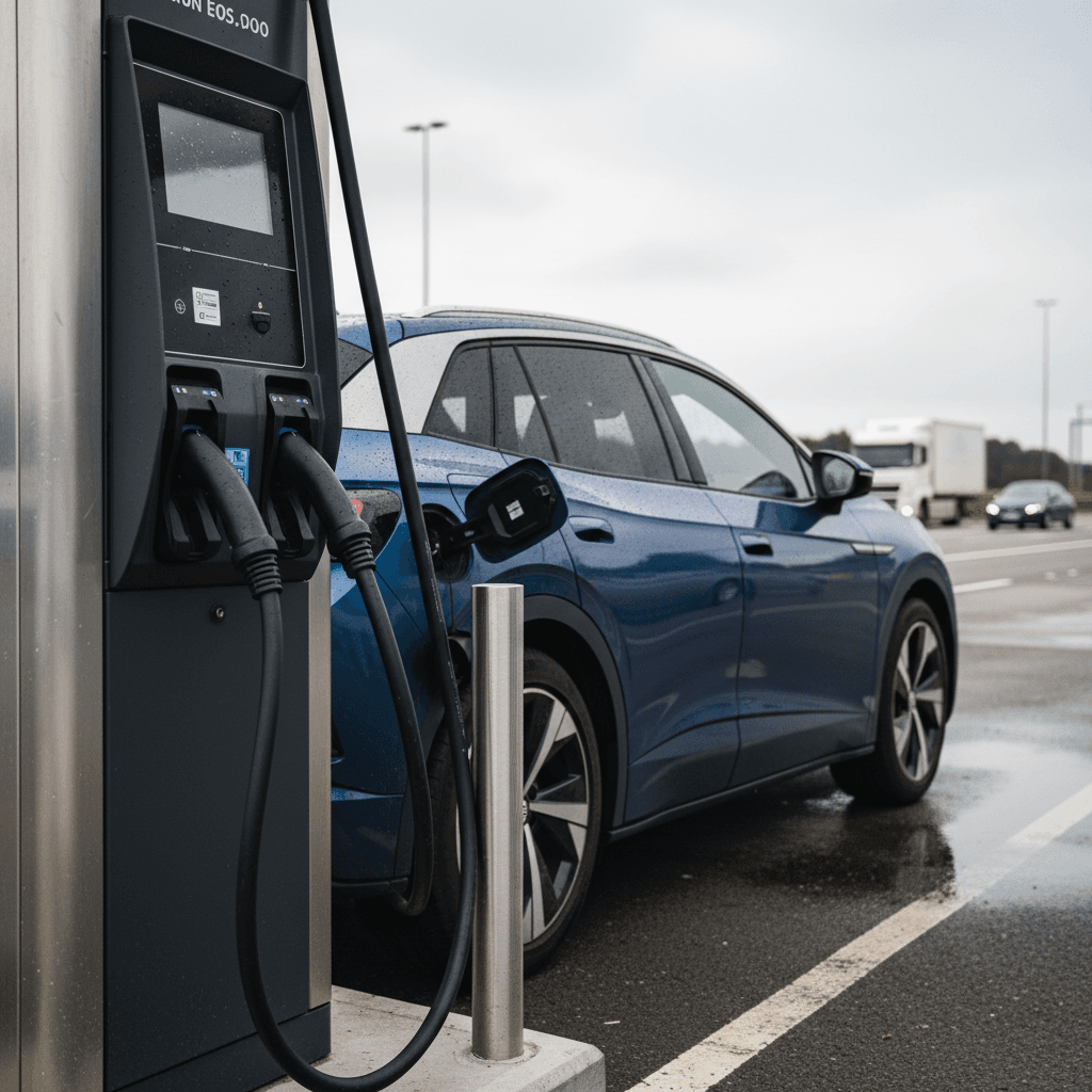 2025 Volkswagen ID.4 charging at a public fast-charging station along a highway