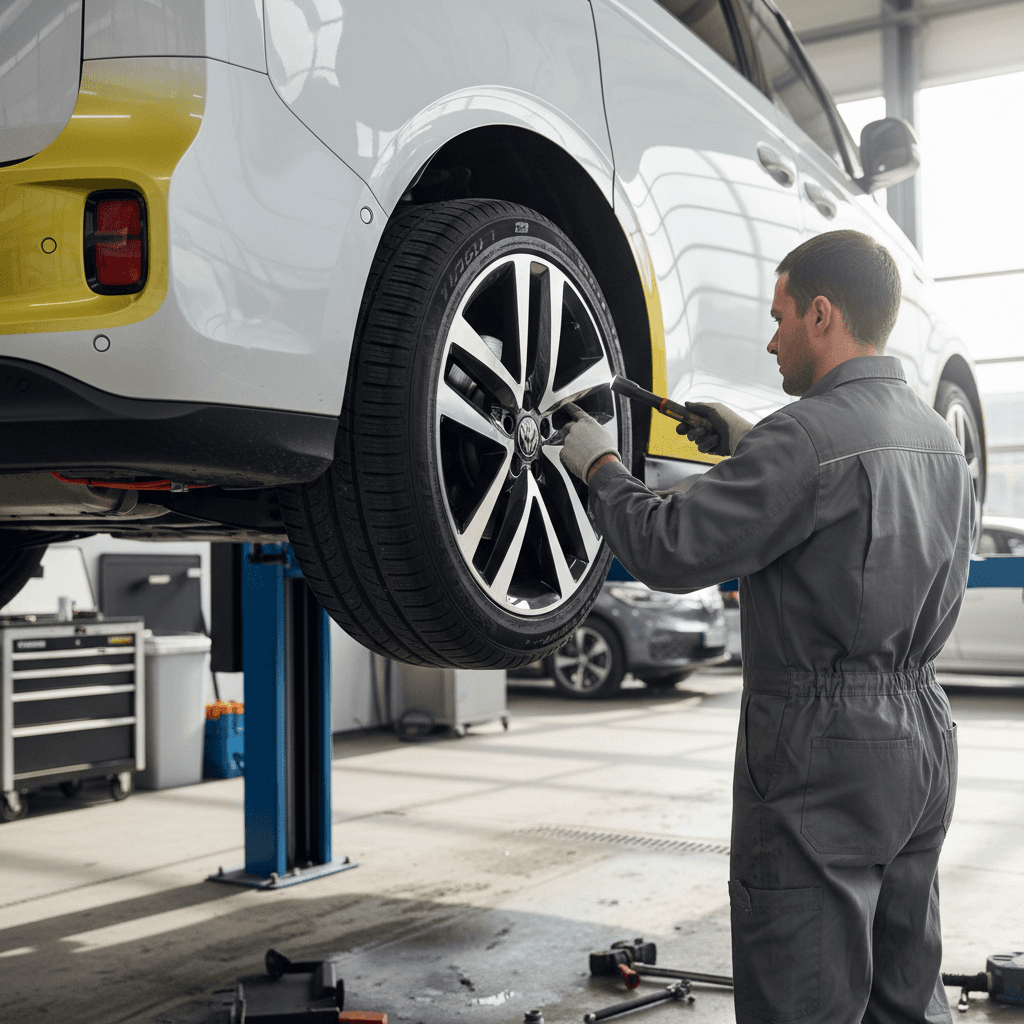 Volkswagen ID. Buzz electric van raised on a service lift while a technician inspects the suspension and tires