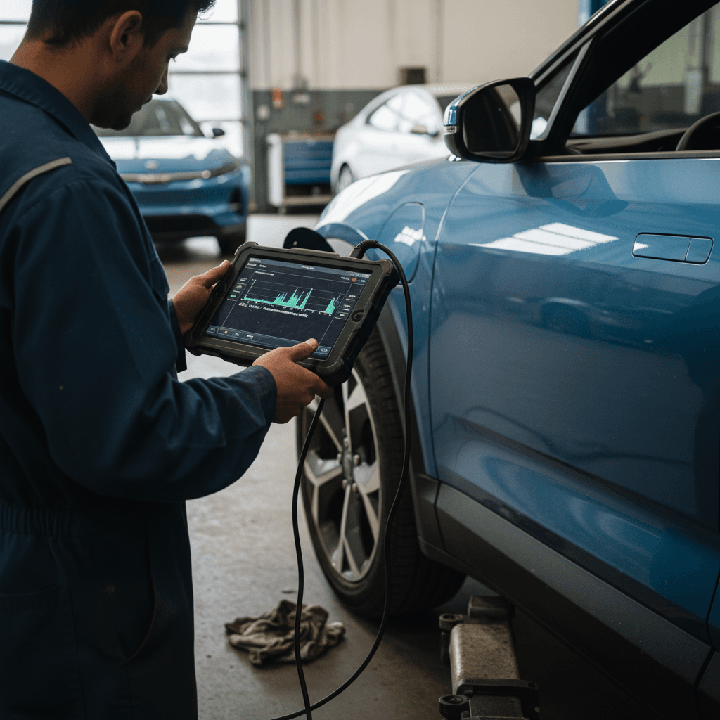 Technician using a diagnostic tablet while inspecting the front and interior of a Fisker Ocean electric SUV in a service bay