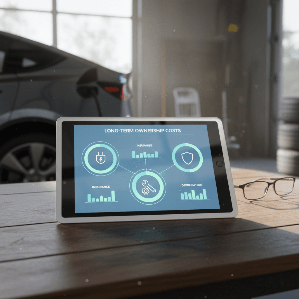Infographic style breakdown of Tesla Model Y five-year ownership costs including charging, maintenance, insurance, and depreciation