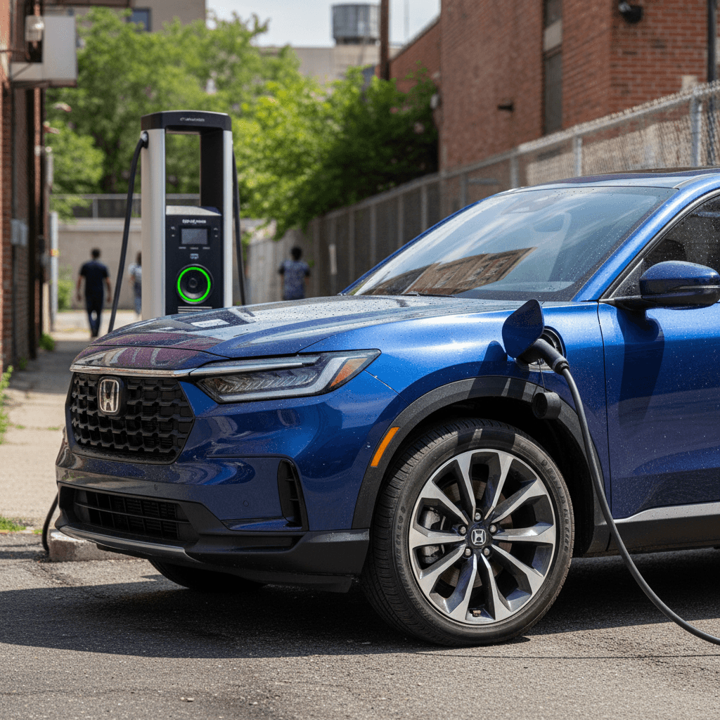 2025 Honda Prologue plugged into a public fast charger, viewed from the front three-quarter angle