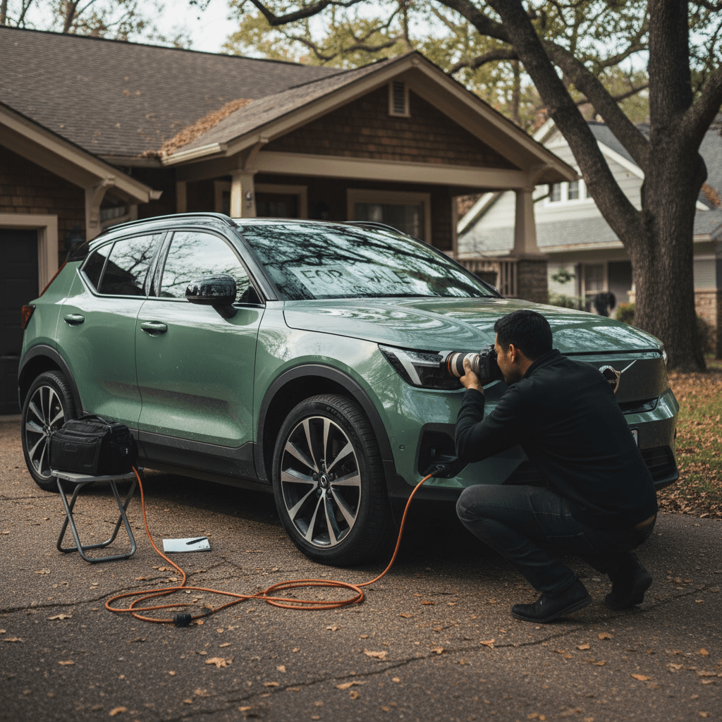Seller photographing a clean Volvo EX30 in a driveway before listing it for sale