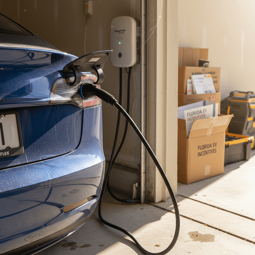 Electric vehicle charging on a Level 2 home charger in a Florida garage, illustrating how home charging incentives replace lost EV rebates in 2026.