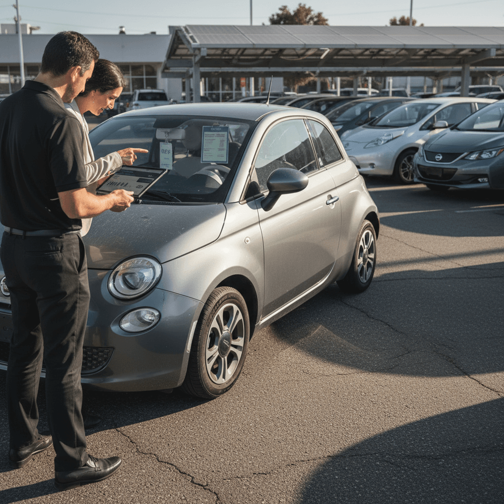 Customer reviewing a digital battery health report for a used Fiat 500e with an advisor at an EV-focused dealership
