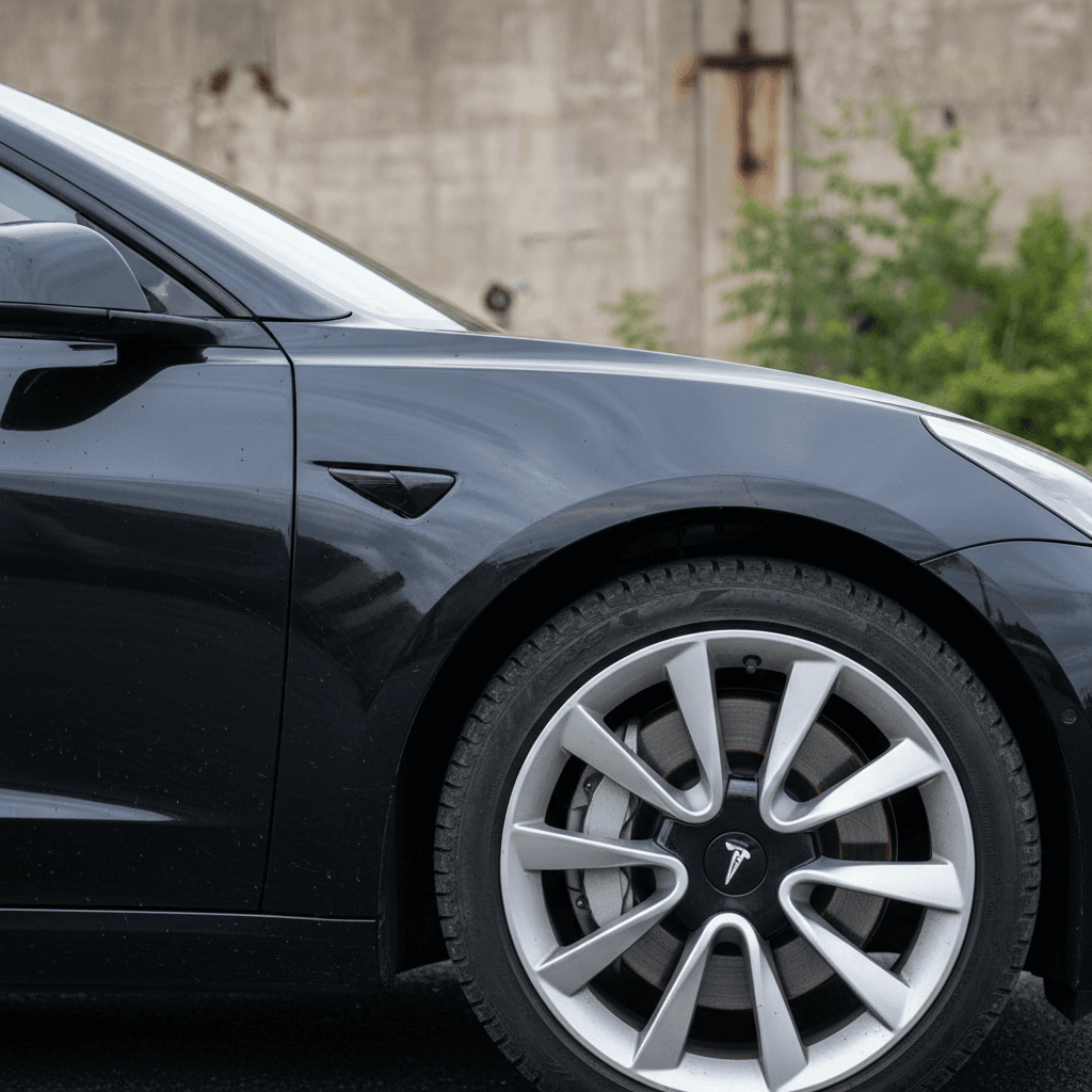 Close up of a 2025 Tesla Model 3 Highland showing panel gaps, wheel and tire wear for inspection