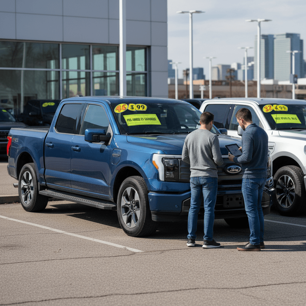 Used Ford F-150 Lightning electric pickup on a dealer lot with buyers looking at price stickers