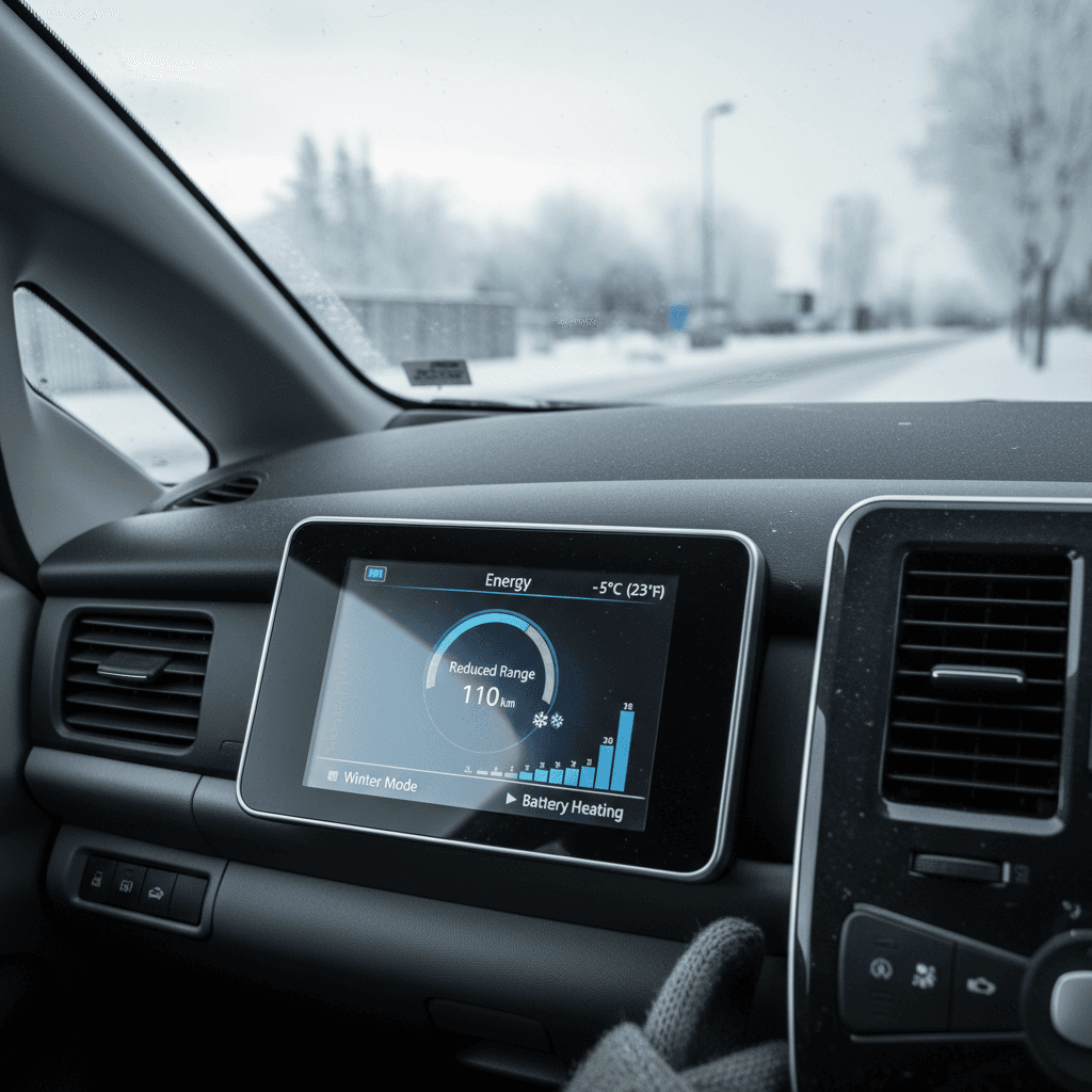 Nissan Leaf dashboard showing reduced winter range estimate on a cold morning
