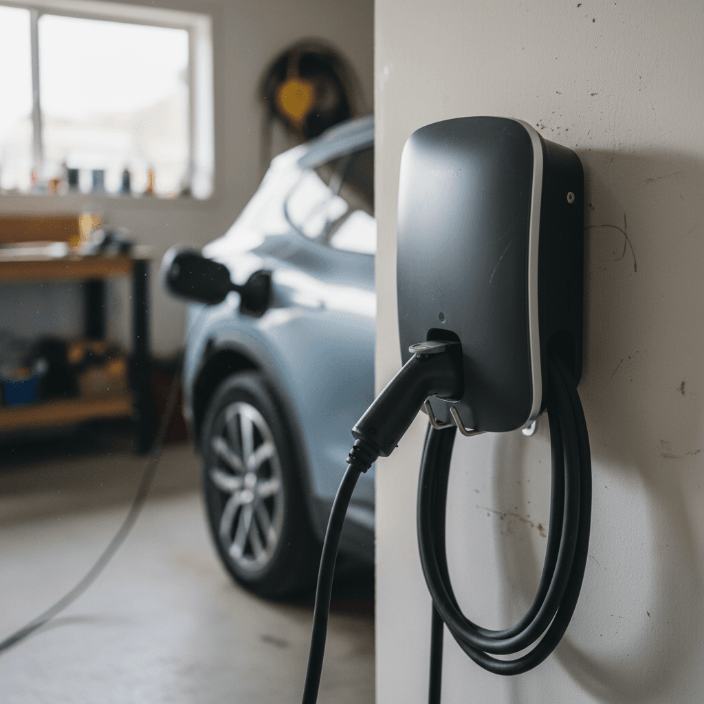 Close-up of an EV charging connector plugged into a car at a home charging station