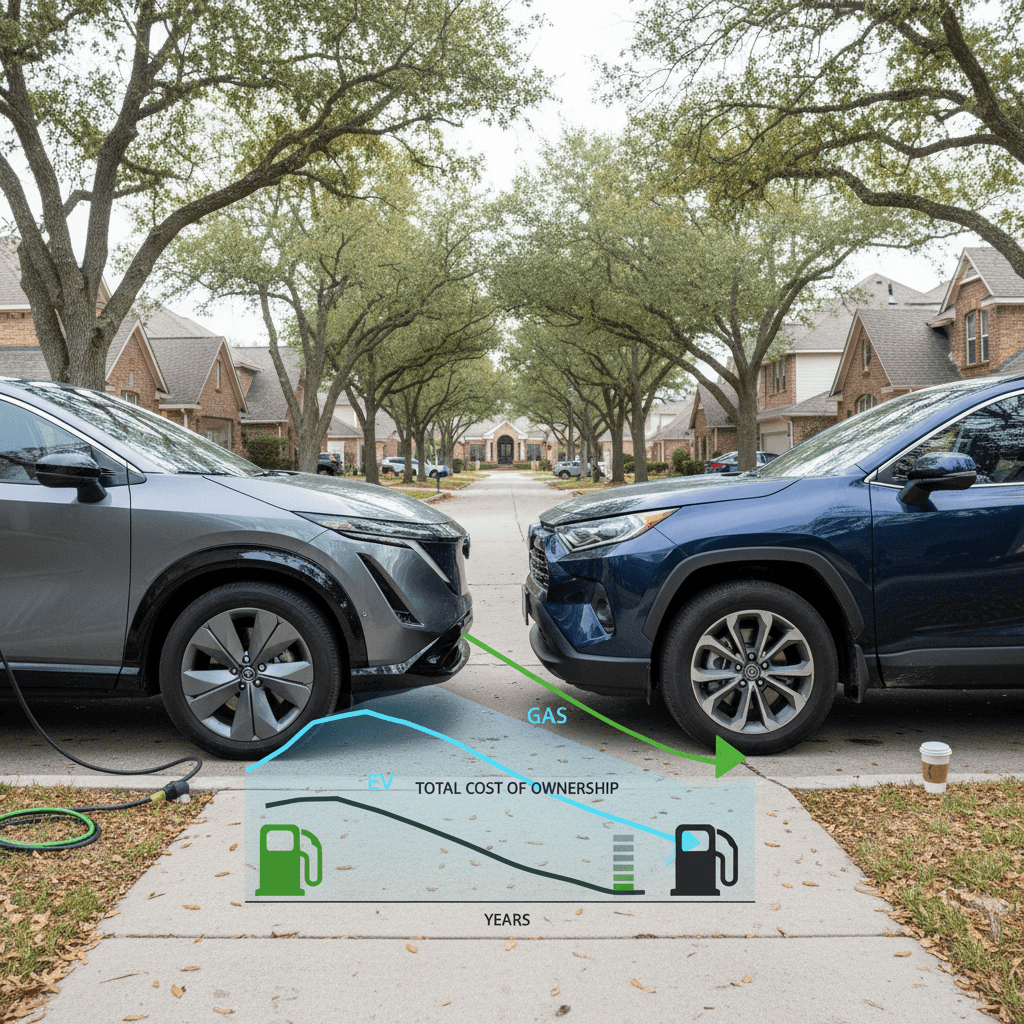 Nissan Ariya electric SUV parked next to a similar gas-powered crossover in a neighborhood street for cost comparison