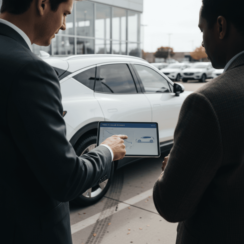 Genesis GV60 owner reviewing trade in offer on a tablet with a salesperson at an EV‑focused dealership
