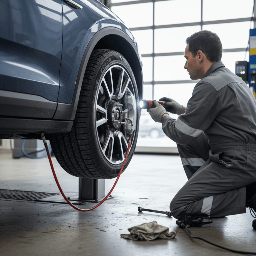 Technician inspecting a Volvo EX90’s tires and brakes on a lift during scheduled maintenance