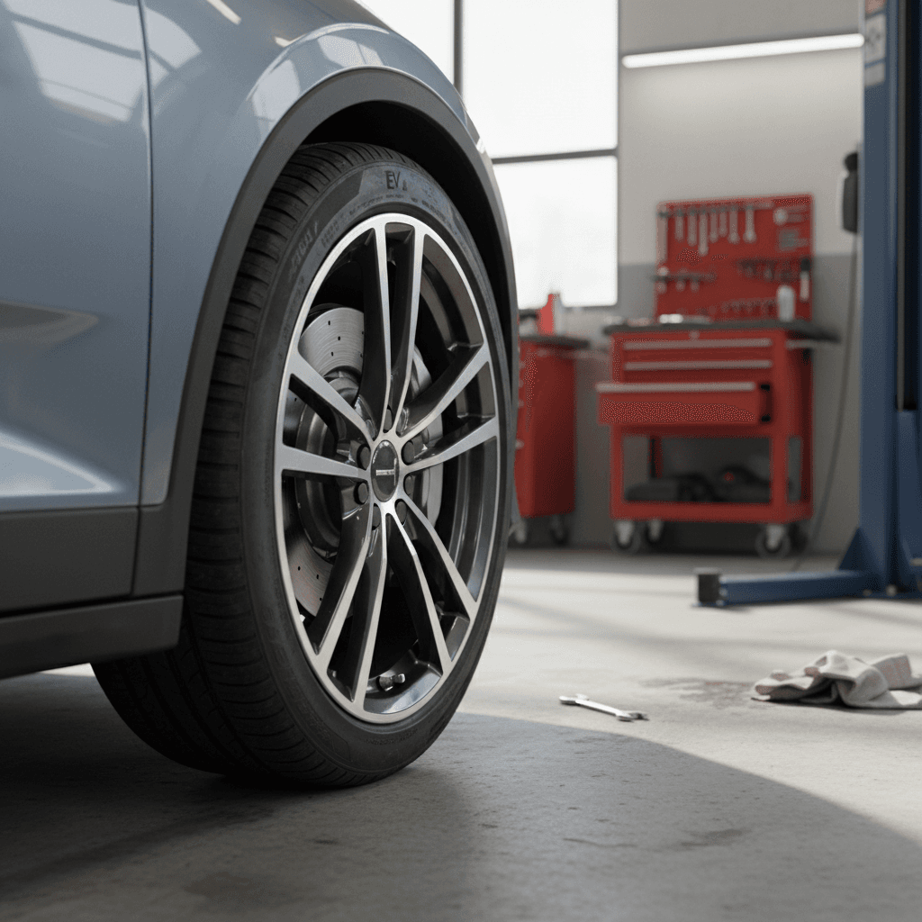 Close-up of a Polestar 2 20-inch alloy wheel and tire mounted in a service bay