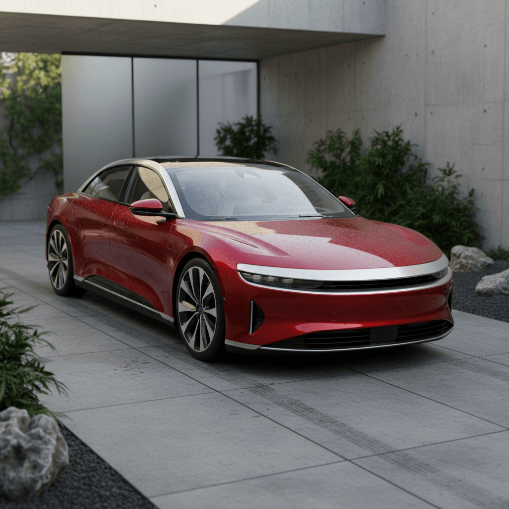 Light-colored Lucid Air interior with large curved display and minimalist dashboard