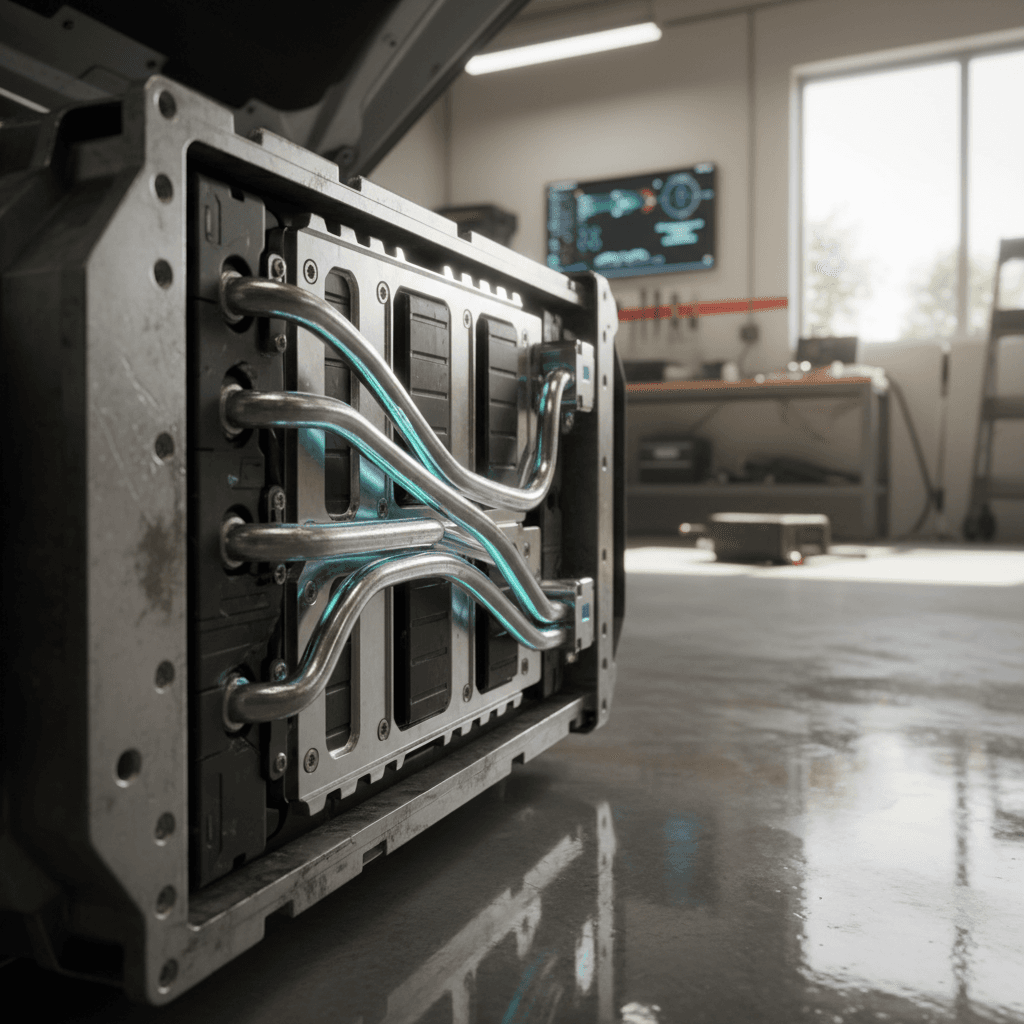 Close-up of an electric car’s liquid-cooled battery pack and thermal lines in a brightly lit service bay