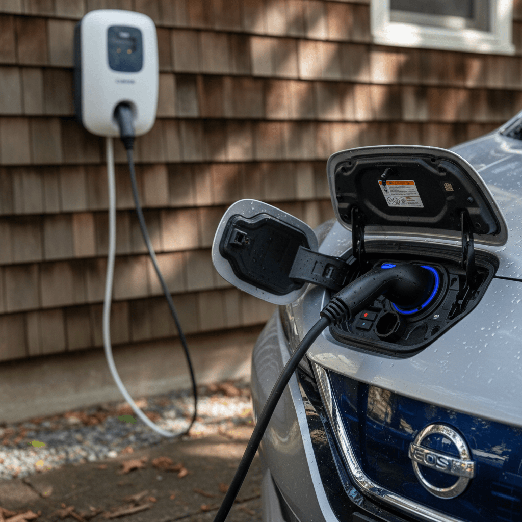 2023 Nissan Leaf charging at a home Level 2 station with cable connected to front charge port