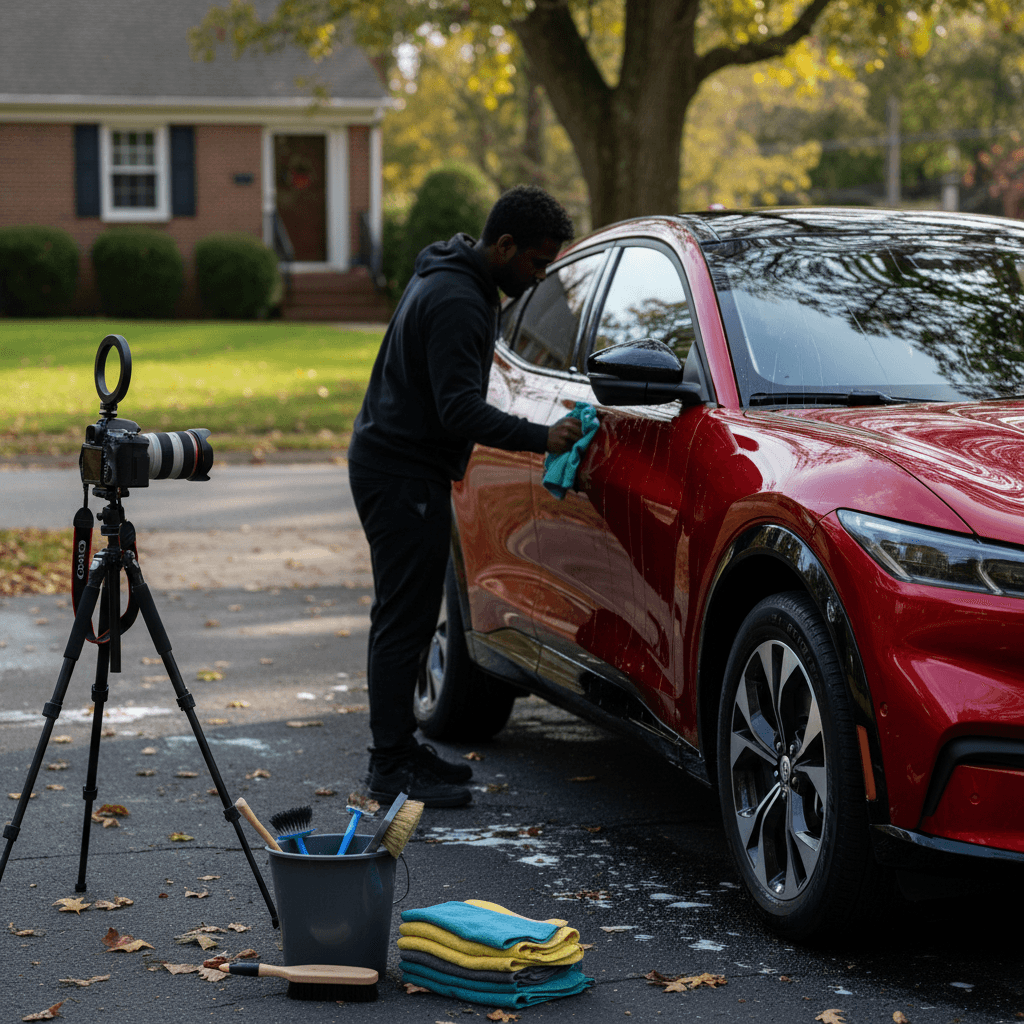Owner cleaning and photographing a red Ford Mustang Mach-E in a suburban Maryland driveway before listing it for sale