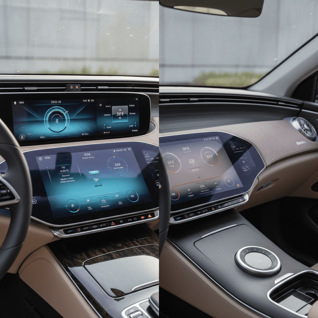 Side-by-side view of Mercedes EQS and Lucid Air dashboards with large digital displays emphasizing high-tech luxury interiors