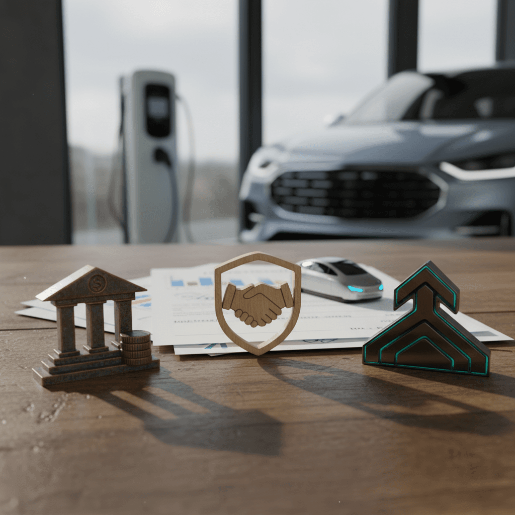 Side-by-side icons representing a bank, a credit union, and an online EV lender above an electric car and loan contract