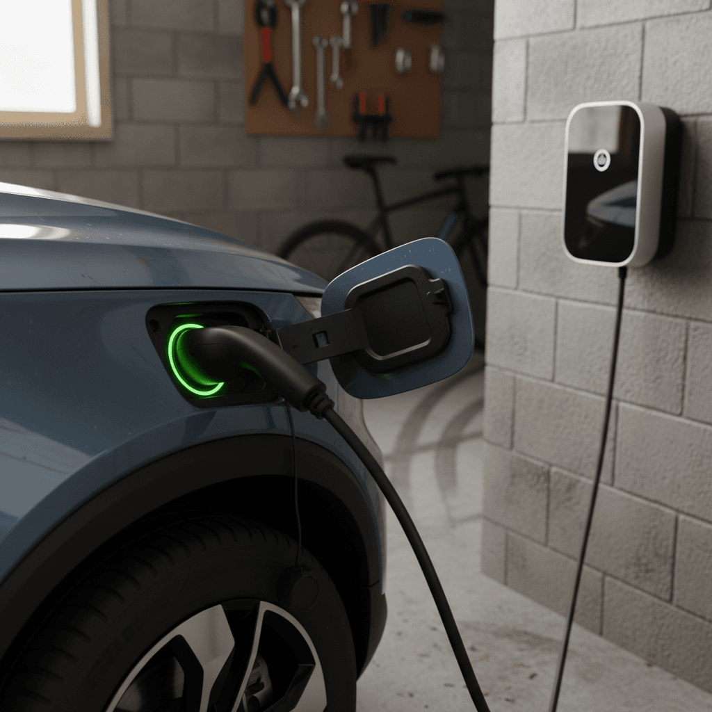 Volvo EX30 connected to a Level 2 home wallbox charger in a residential garage
