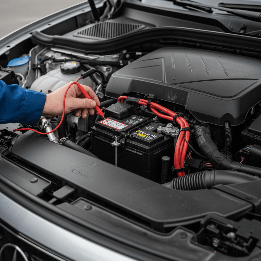 Technician checking the 12V battery under the hood of a Mercedes EQB, showing typical location and access area