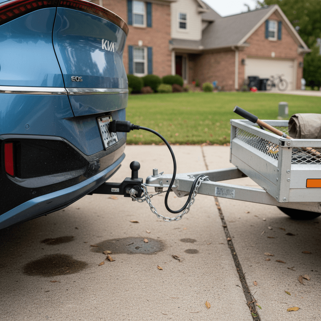Kia EV6 backed up to a small camping trailer, showing the hitch and trailer connection
