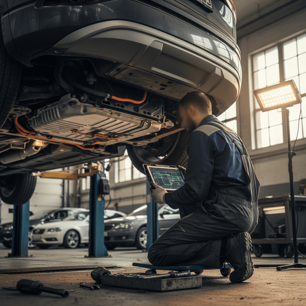 Technician inspecting the underside of an Audi Q4 e-tron on a lift during routine maintenance