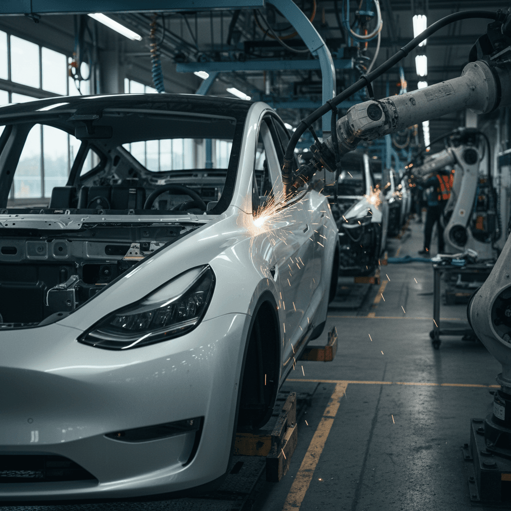 Tesla electric cars moving down a modern factory production line