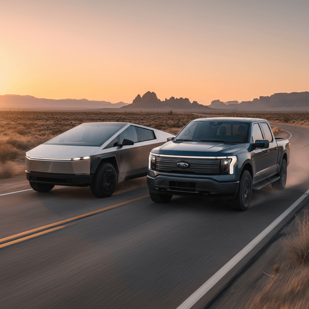 Ford F-150 Lightning and Tesla Cybertruck parked side by side, highlighting their very different designs