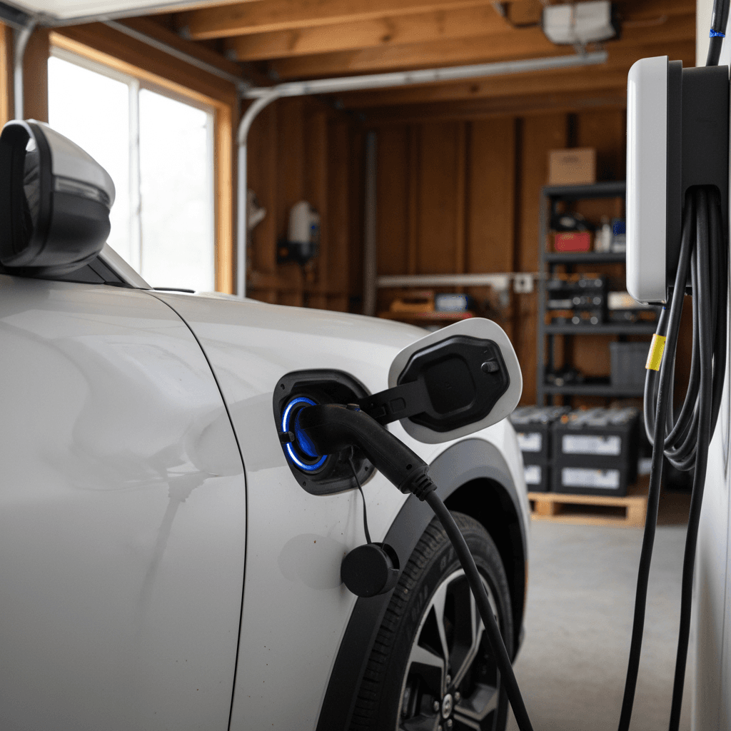 A 2023 Ford Mustang Mach‑E plugged into a home Level 2 wall charger in a modern garage