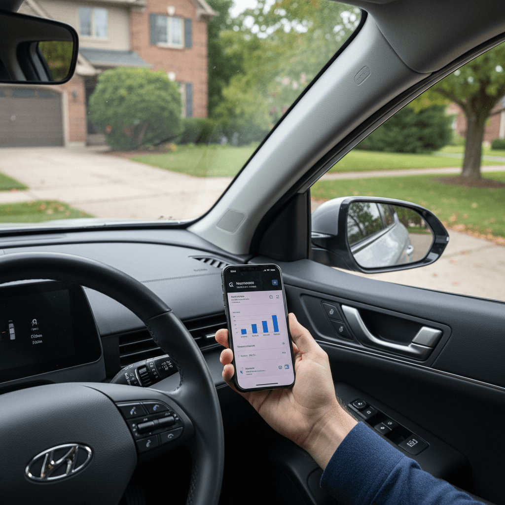 Driver holding smartphone that shows an insurance quote while standing next to a Hyundai Ioniq 5 parked in a driveway