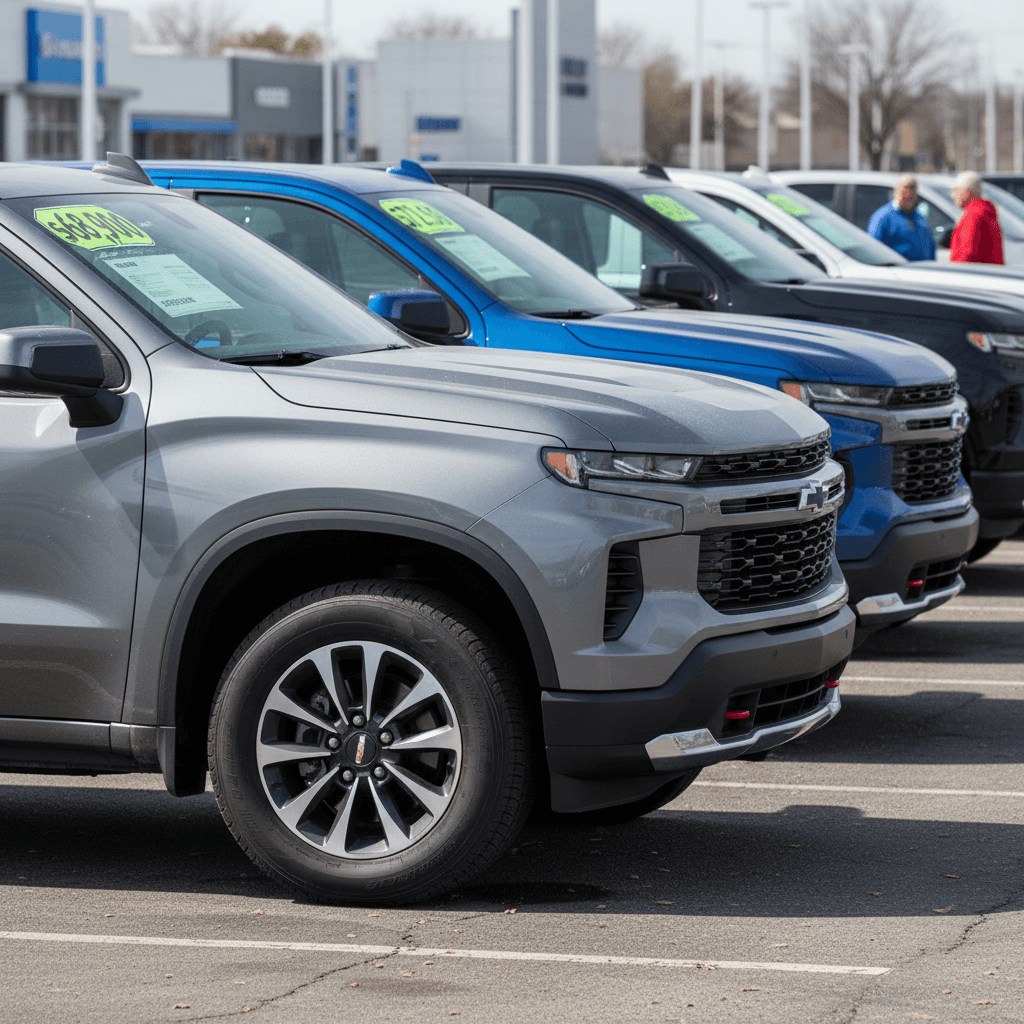 Row of used Chevrolet Silverado EV trucks on a dealer lot with price stickers in the windows