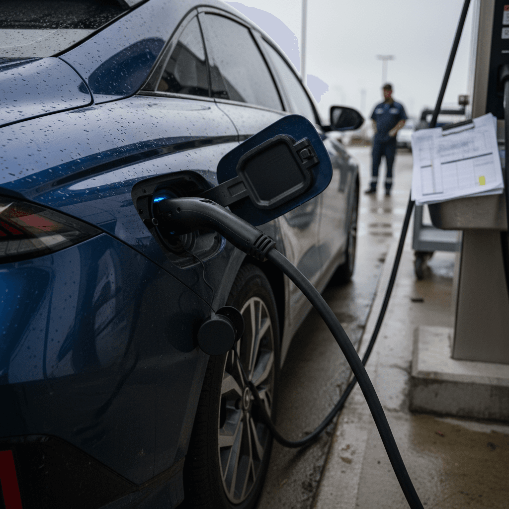 Close-up of a Hyundai Ioniq 6 charging door and charge port with the outer panel open for inspection