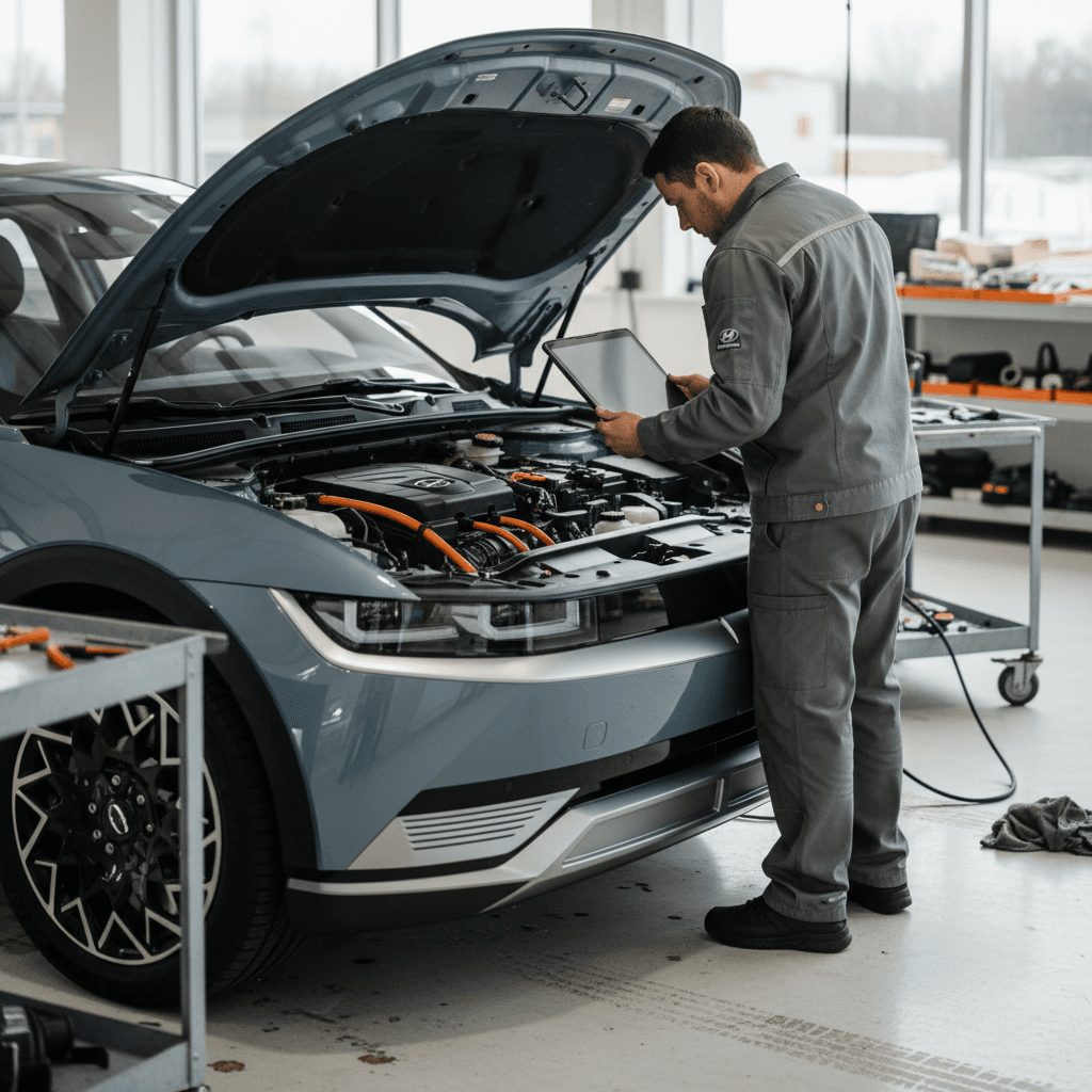 Technician inspecting a 2022 Hyundai Ioniq 5 in a service bay as part of a recall repair