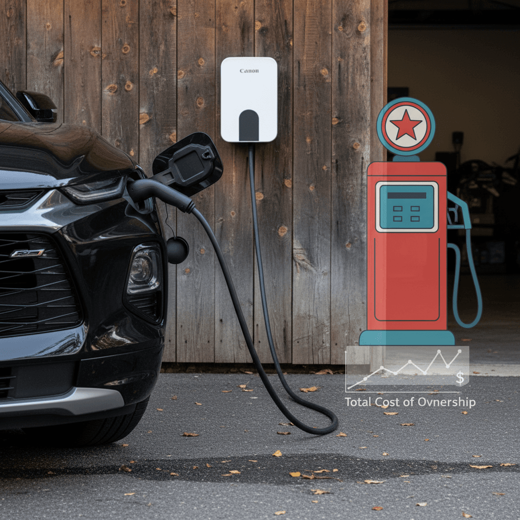 Chevrolet Blazer EV charging at a home driveway, contrasting with a nearby gas pump icon to illustrate cost difference