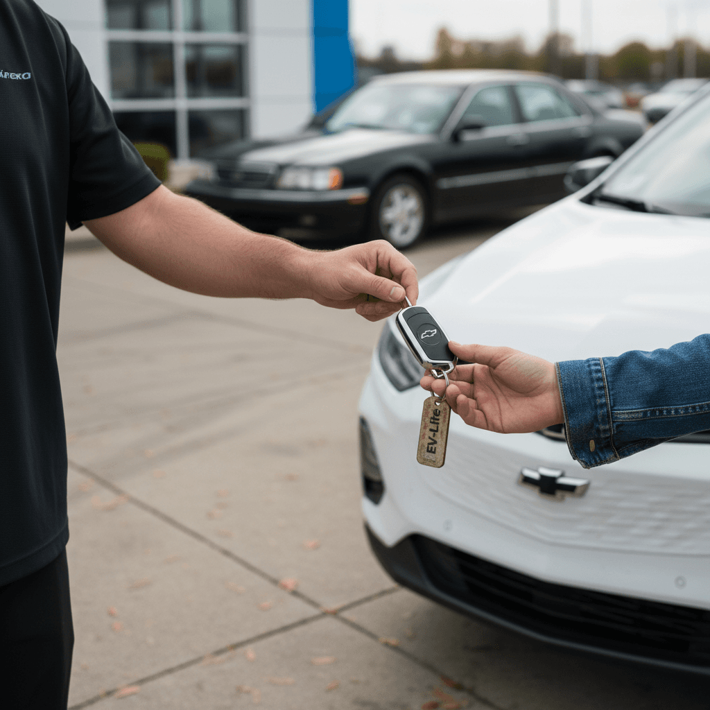Seller handing keys of a Chevrolet Equinox EV to a buyer in a dealership parking lot