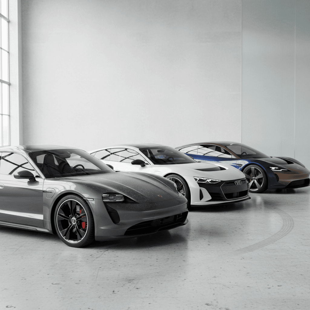 Lineup of several modern electric coupes including a Porsche Taycan and BMW i4 positioned in a studio for comparison